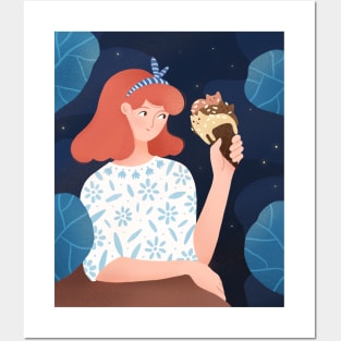 Cute girl with ice cream plants and cats, version 2 Posters and Art